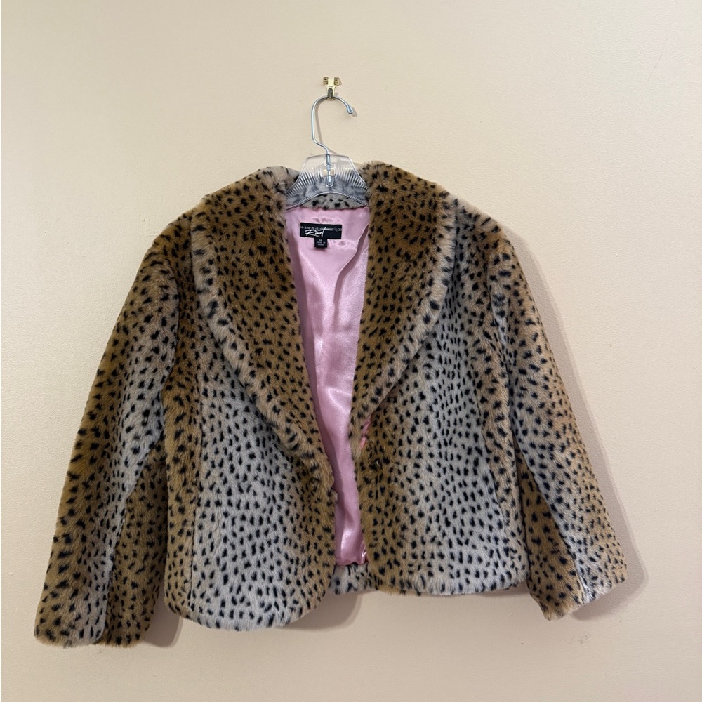 Black Rivet Womens Leopard Print Faux Fur Jacket with Pink Lining